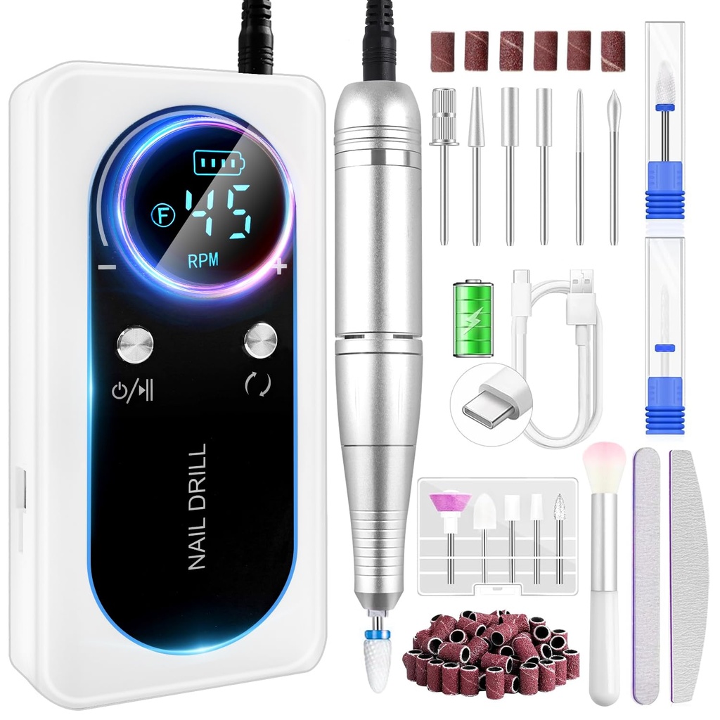 Professional Electric Nail Drill LEDSUUEI: 35000RPM Powerful Electric Nail File Portable 