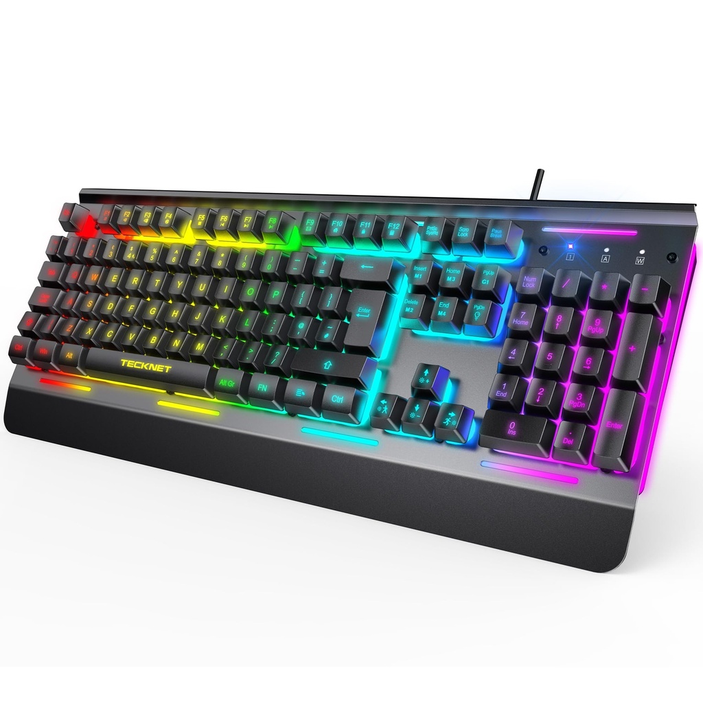 TECKNET RGB Gaming Keyboard UK Layout, USB Wired Computer Keyboard with 15-Zone RGB Illumina