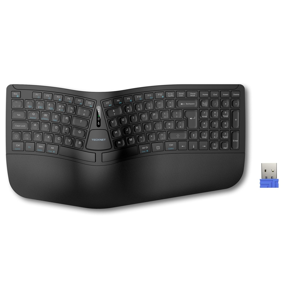TECKNET Wireless Ergonomic Keyboard, 2.4G USB & Bluetooth Rechargeable Keyboard, Wrist Rest,