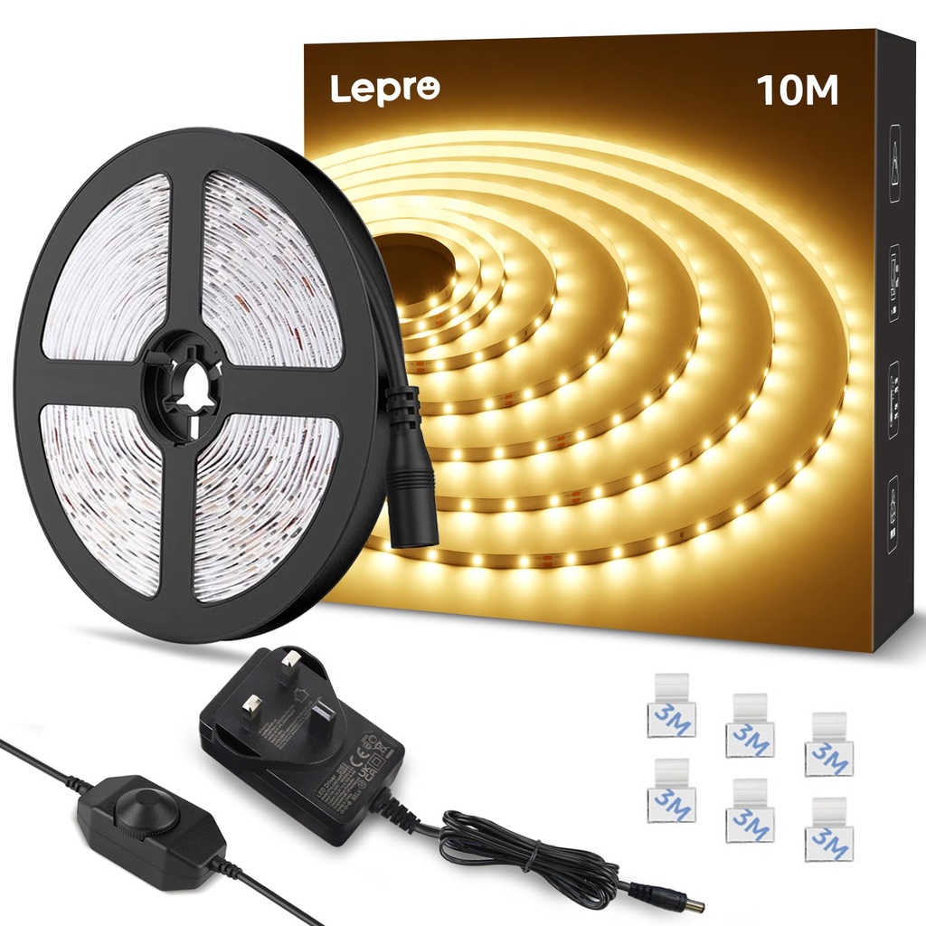 Lepro LED Strip Light Warm White 10M, 2000lm Dimmable LED Taple, 24V UK Plug in LED Strip 