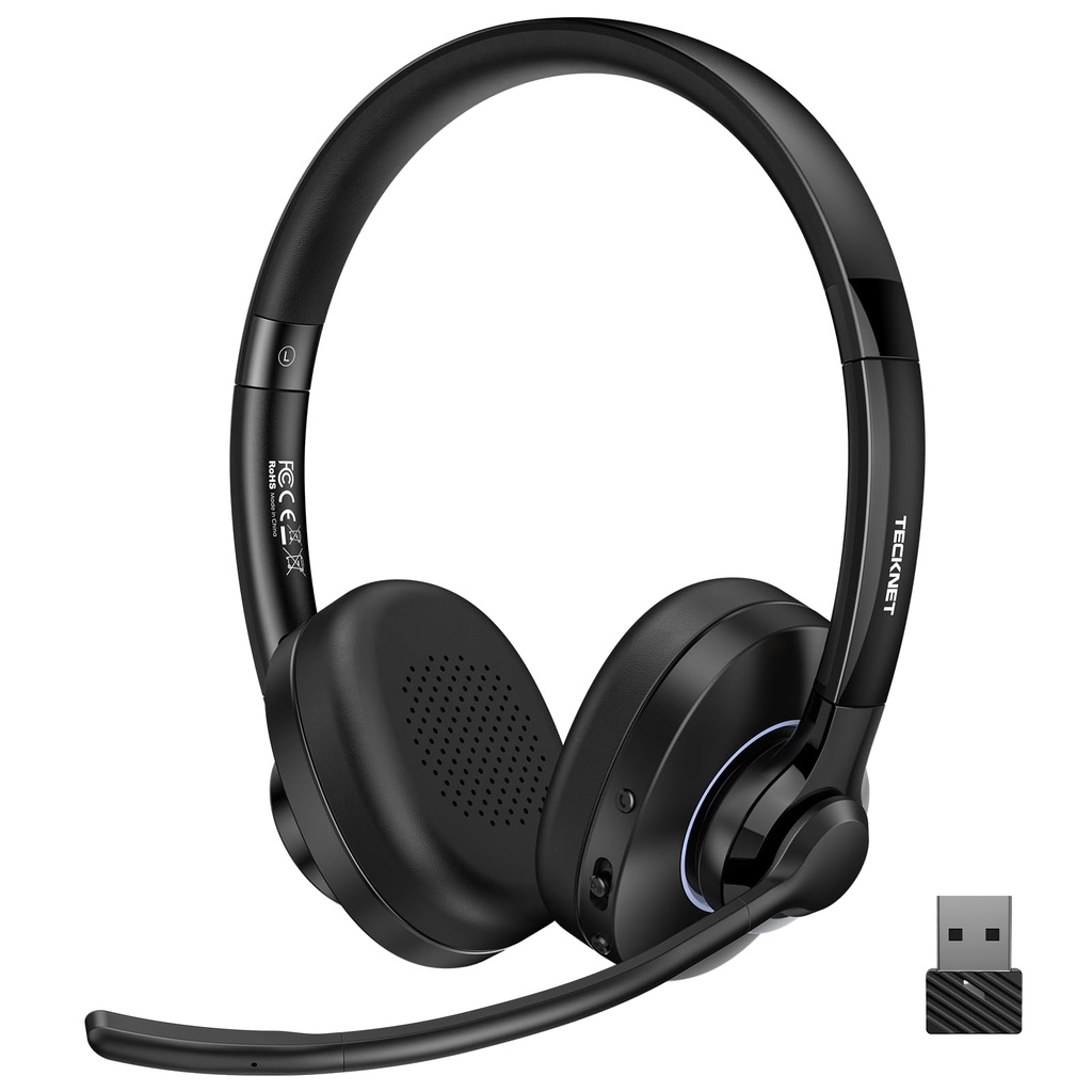 TECKNET Bluetooth Headset Wireless Headset with AI Call Noise Cancellation,Bluetooth 6.0/USB