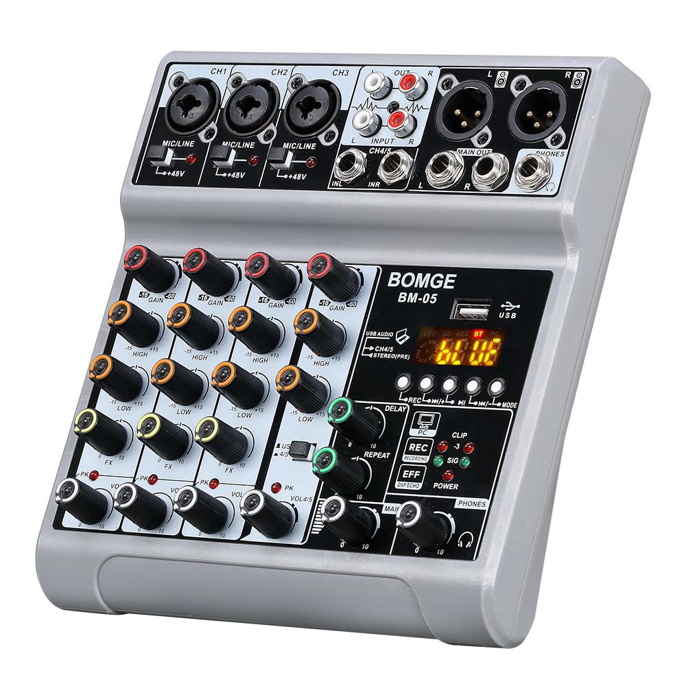 BOMGE Audio Mixer, Sound Board Mixing Console with 5 Channel Digital USB Bluetooth Echo Del