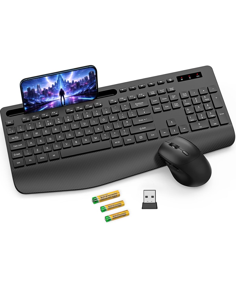 SABLUTE KM23Pro Wireless Keyboard and Mouse Set, Full-Size Ergonomic Keyboard with Wrist Re