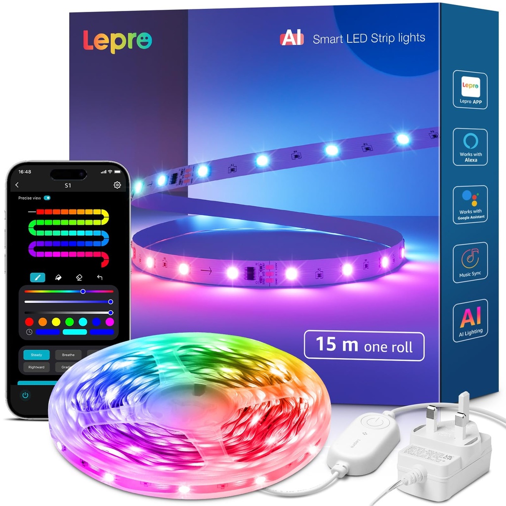 Lepro S1 AI Smart LED Strip Lights 15M RGB+IC, Works with Alexa & Google Assistant, Music