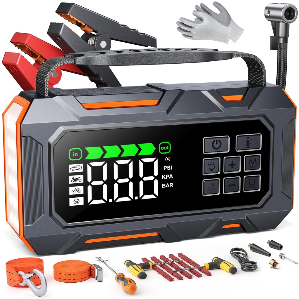 TREKURE 14-IN-1 7000A 160PSI Jump Starter Power Pack with Air Compressor(all Gas/12L Diesel)
