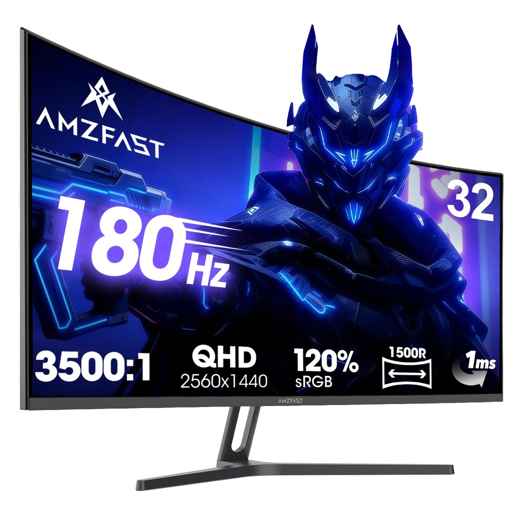 Amzfast 32 Inch Curved Gaming Monitor, 2K QHD 180Hz, 2560x1440p, Fast VA, 1ms MPRT, Adaptiv