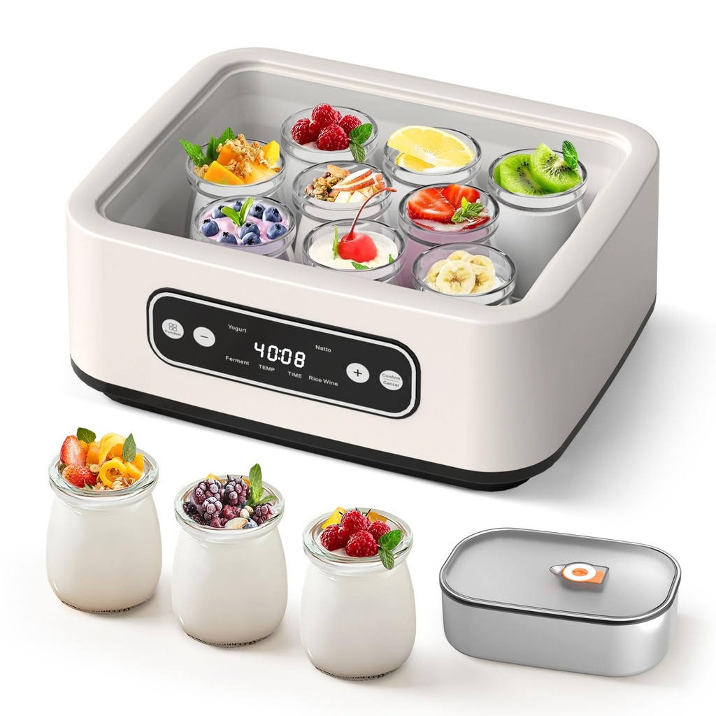 OKYUK Yogurt Maker with 1.6L 304 Stainless Steel Inner Pot and 9 Portable Cups, 4-in-1 