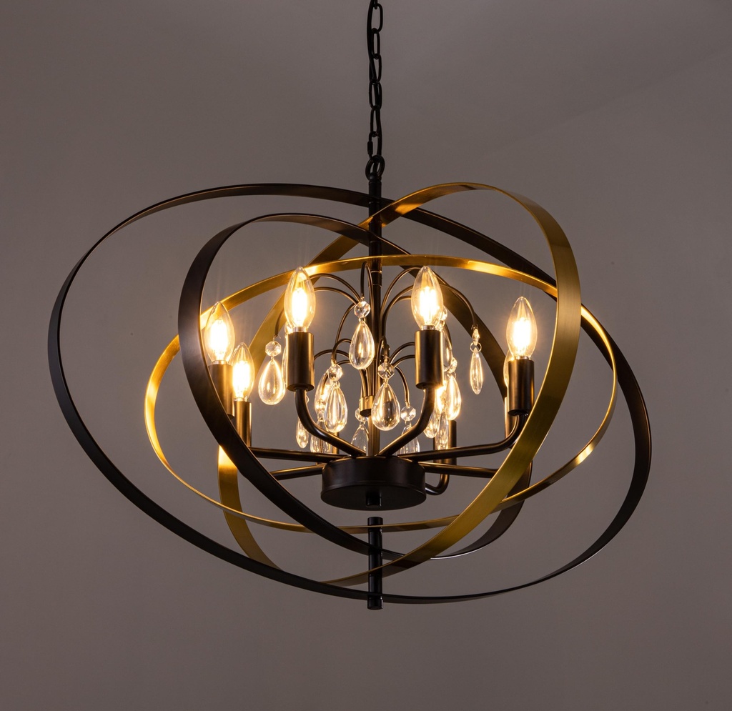 Wellmet Ring-Circle Black Gold Crystal Chandelier, 6-Light Crystal Pendant Light for Dining
