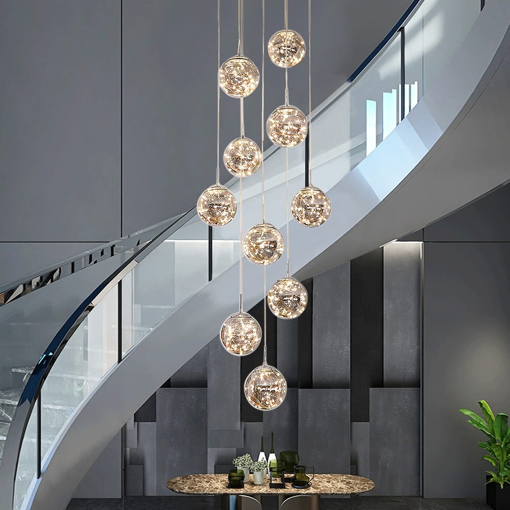 KAUCQI 10 Glass Ball Chandelier Light Fixture, Staircase Pendant Light, 50W Long Hanging Light