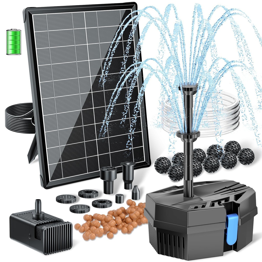 POPOSOAP Solar Water Fountain with Pond Filter Kit - 8W Solar Pump & 3000mAh Battery Backup