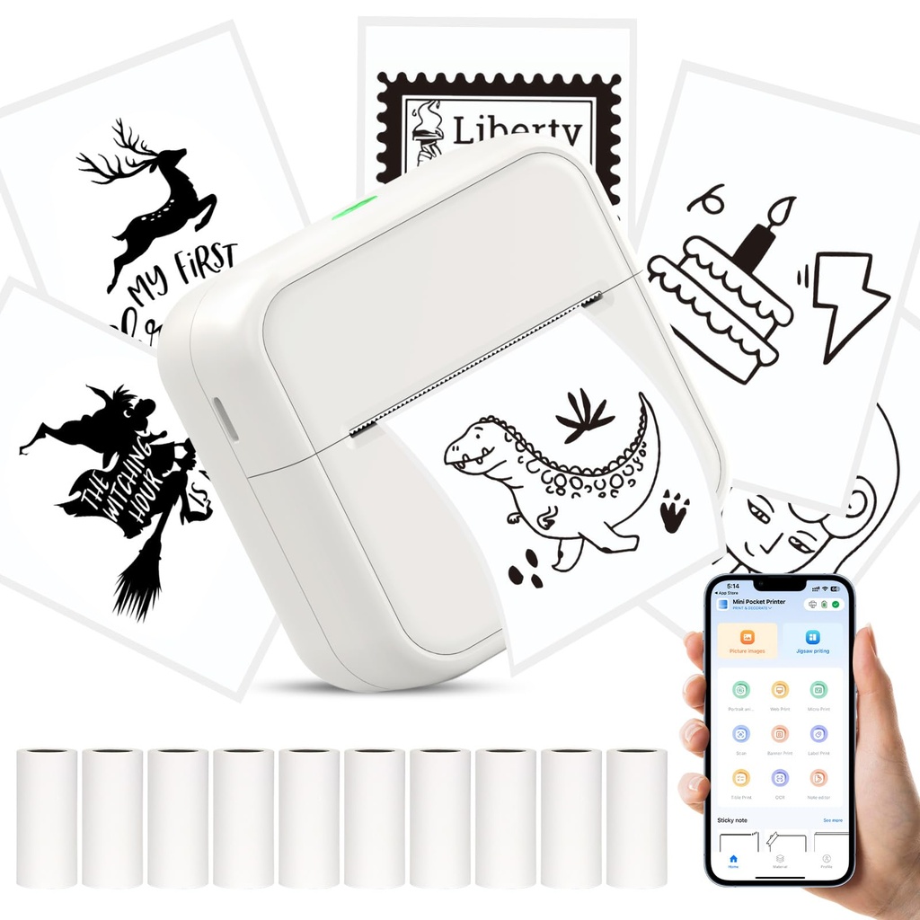 HUIJUTCHEN Mini Pocket Printer for iPhone/Android, Portable Mini Sticker Printer with 10 Ro
