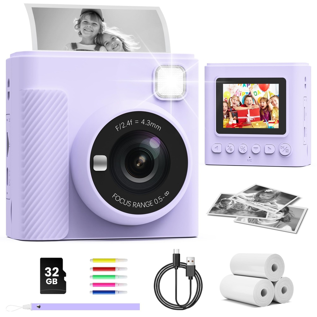TIATUA Kids Camera Instant Print, 2.4'' Instant Camera for Kids with 32G Card & Print Photo