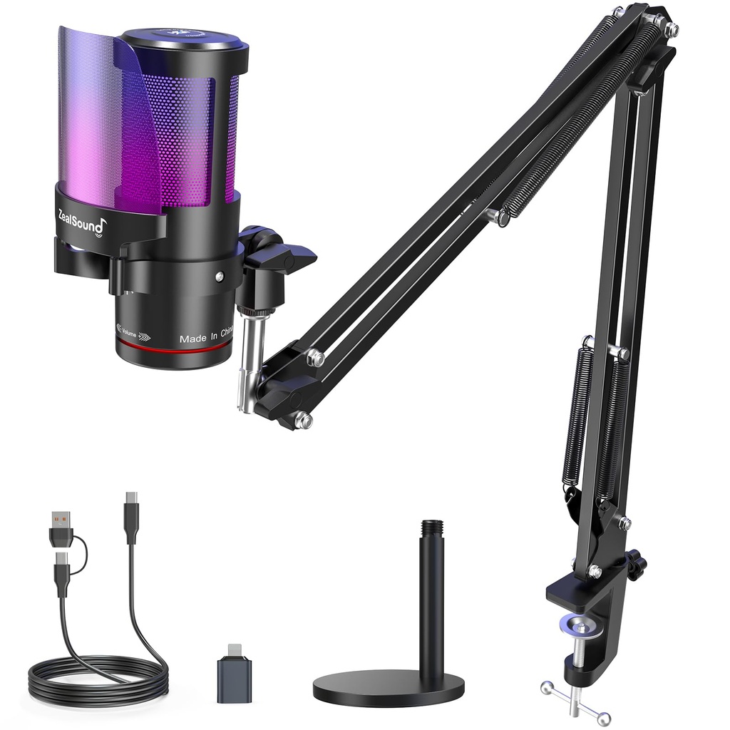 ZealSound USB Gaming Microphone Kit,Noise Cancellation Condenser Mic with Touch Mute,Gain,M