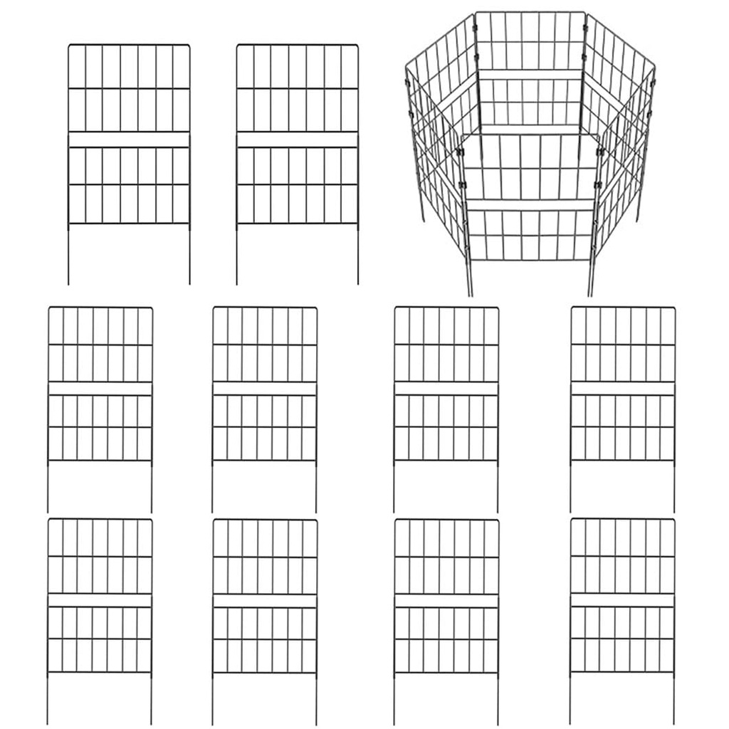 myLink 10 Pack Garden Fence Panels, 13"L x 31.5"H Metal Fence, Black, No Dig Animal Barrier