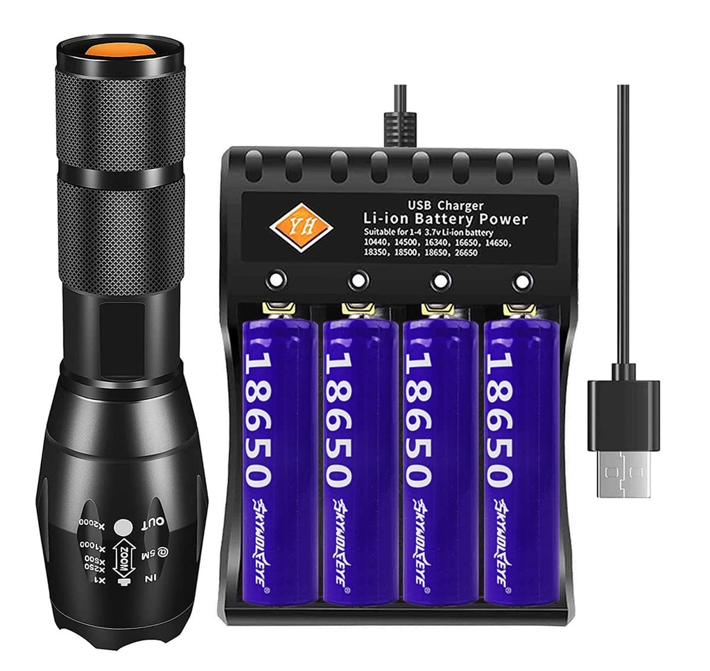 USB Compact LED Torch Rechargeable, 2000 Lumen Super Bright Torches with 4 Rechargeable Bat