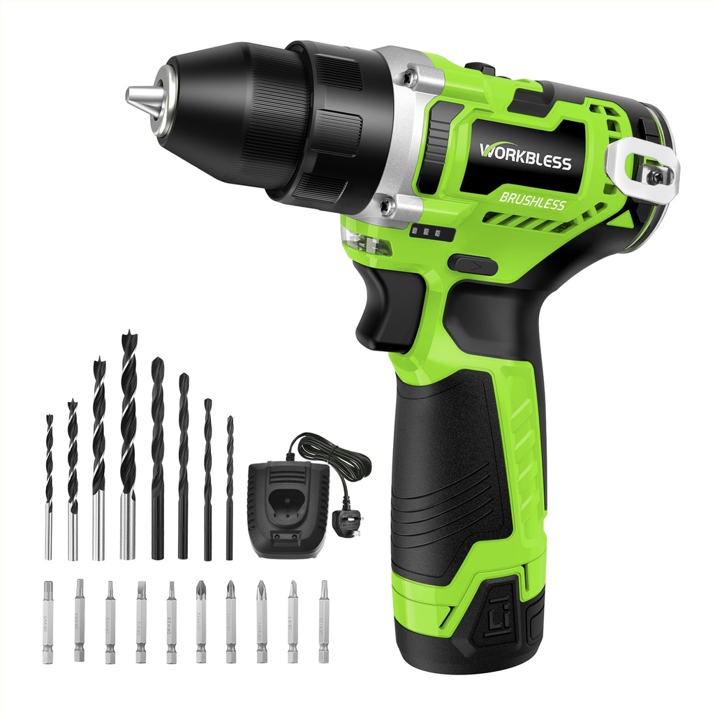 WorkBless 12V Cordless Drill, Brushless Power Drill with LCD Smart Display, 30 Torque