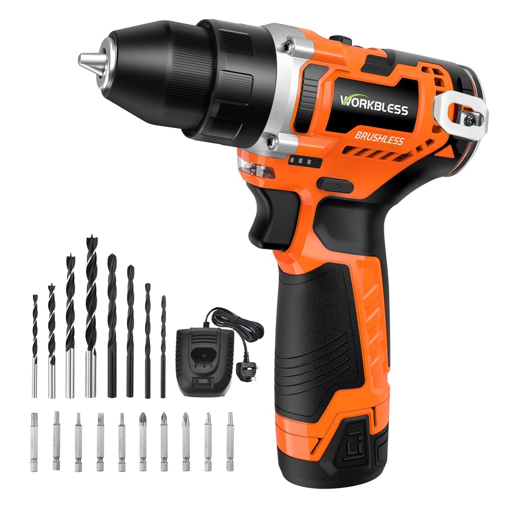 WorkBless 12V Cordless Drill, Brushless Power Drill with LCD Smart Display, 30 Torque 