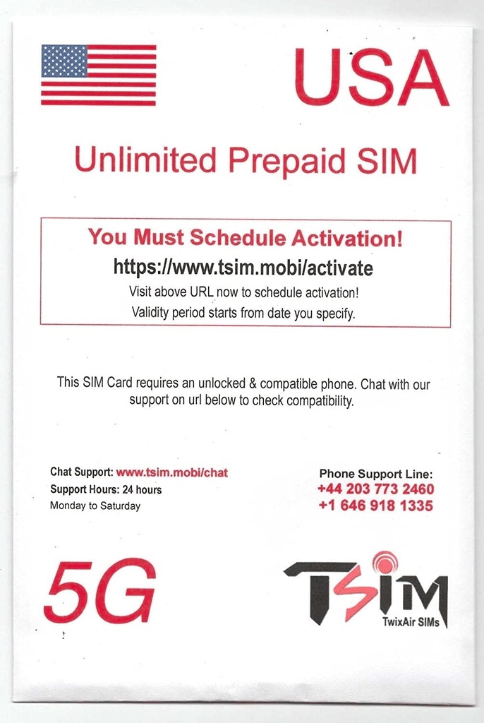 PrePaid USA SIM card. Unlimited incoming and outgoing calls/text | Ultra High Speed 5G Data