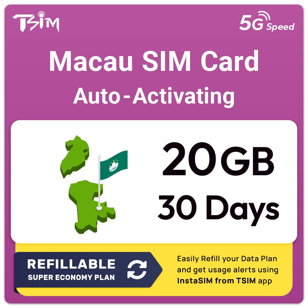 Macau SIM Card | 20GB Super Economy Refillable Plan! Auto Activating 30 Day Validity | 5G 