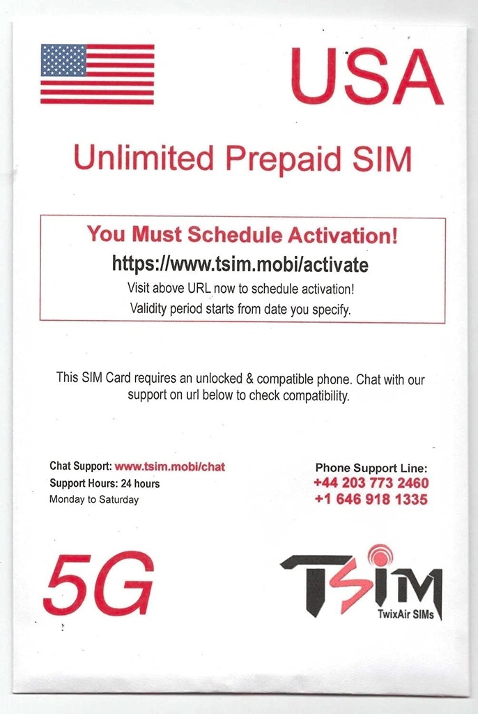 PrePaid USA SIM card. Unlimited incoming and outgoing calls/text | Ultra High Speed 5G Data