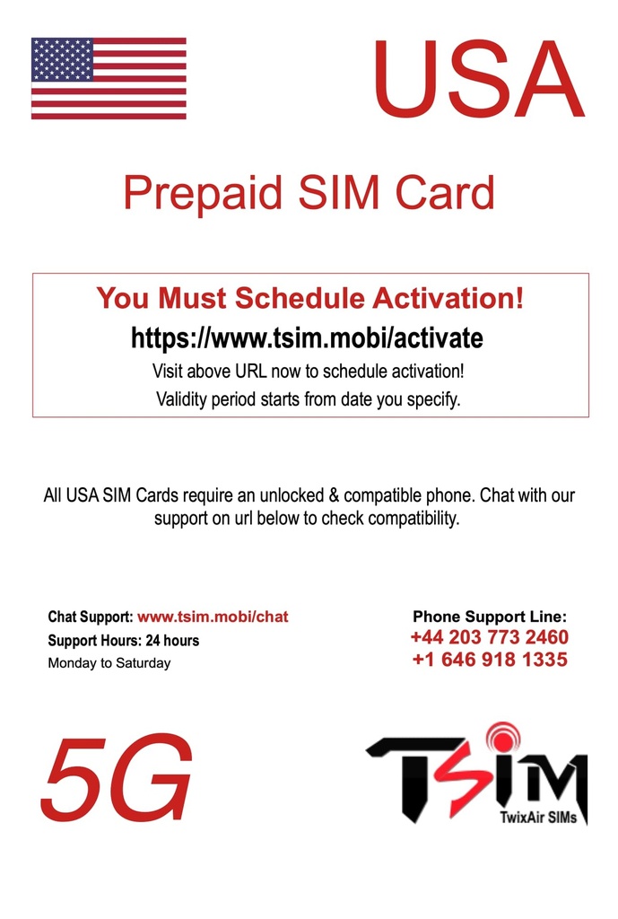 PrePaid USA SIM card. Unlimited incoming and outgoing calls/text | Ultra High Speed 5G Data