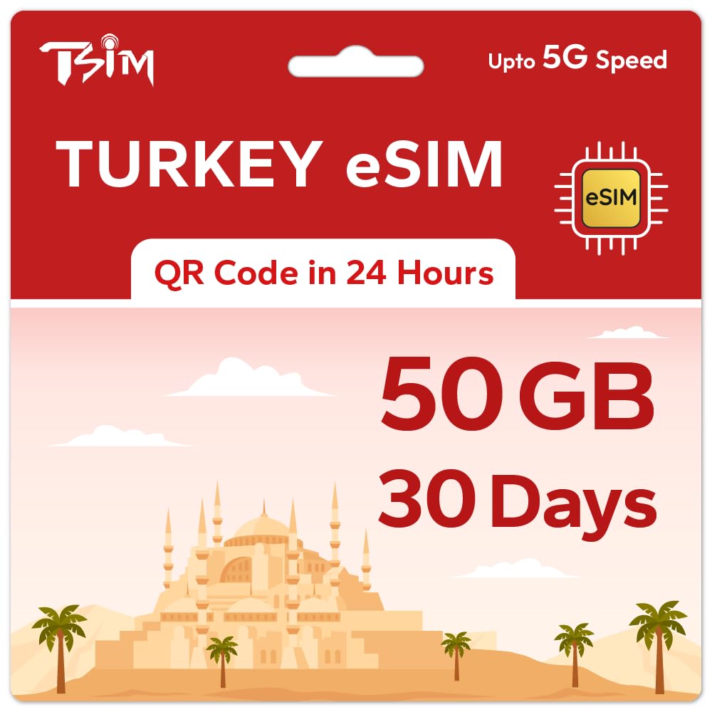 TSIM Prepaid Turkey eSIM for Travel | 30 days 50GB 5G Speed | Hotspot Allowed | eSIM QR Code