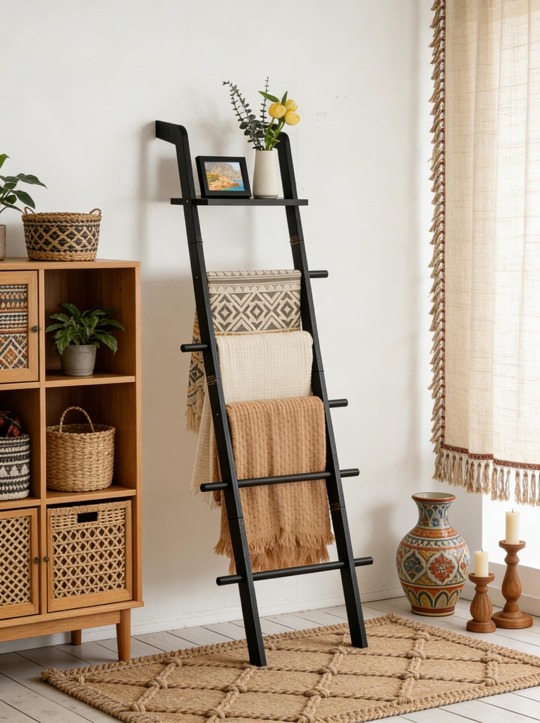 ZUNTO Black Blanket Ladder with Top Shelf for the Living Room - 67in Decorative Wooden Blan