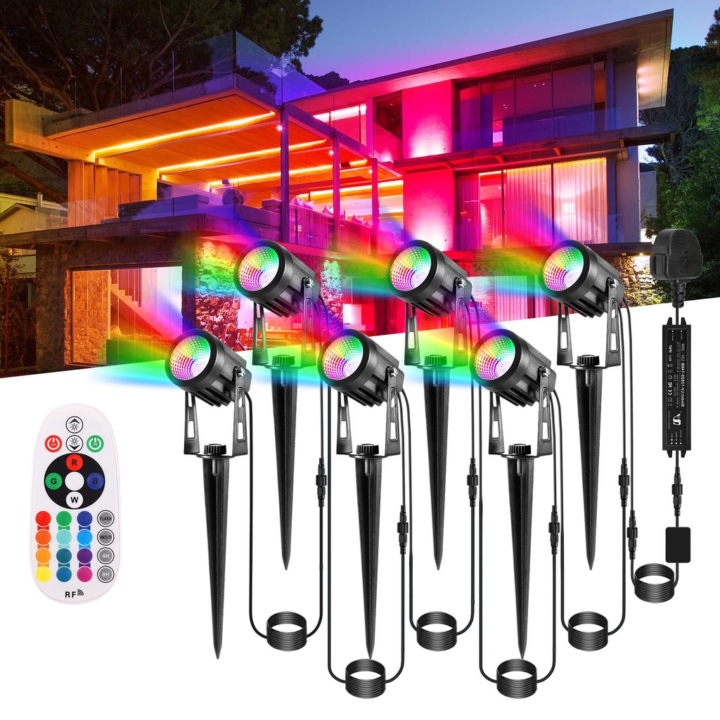 B-right Garden Spike Lights, RGB Garden Lights Mains Powered with Remote 12V Low Voltage 