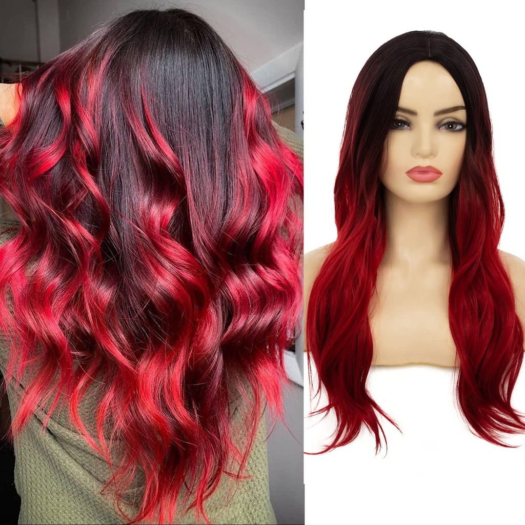 Baruisi Long Wavy Ombre Black Red Wig Synthetic Natural Middle Part Cosplay Costume Hair Wi