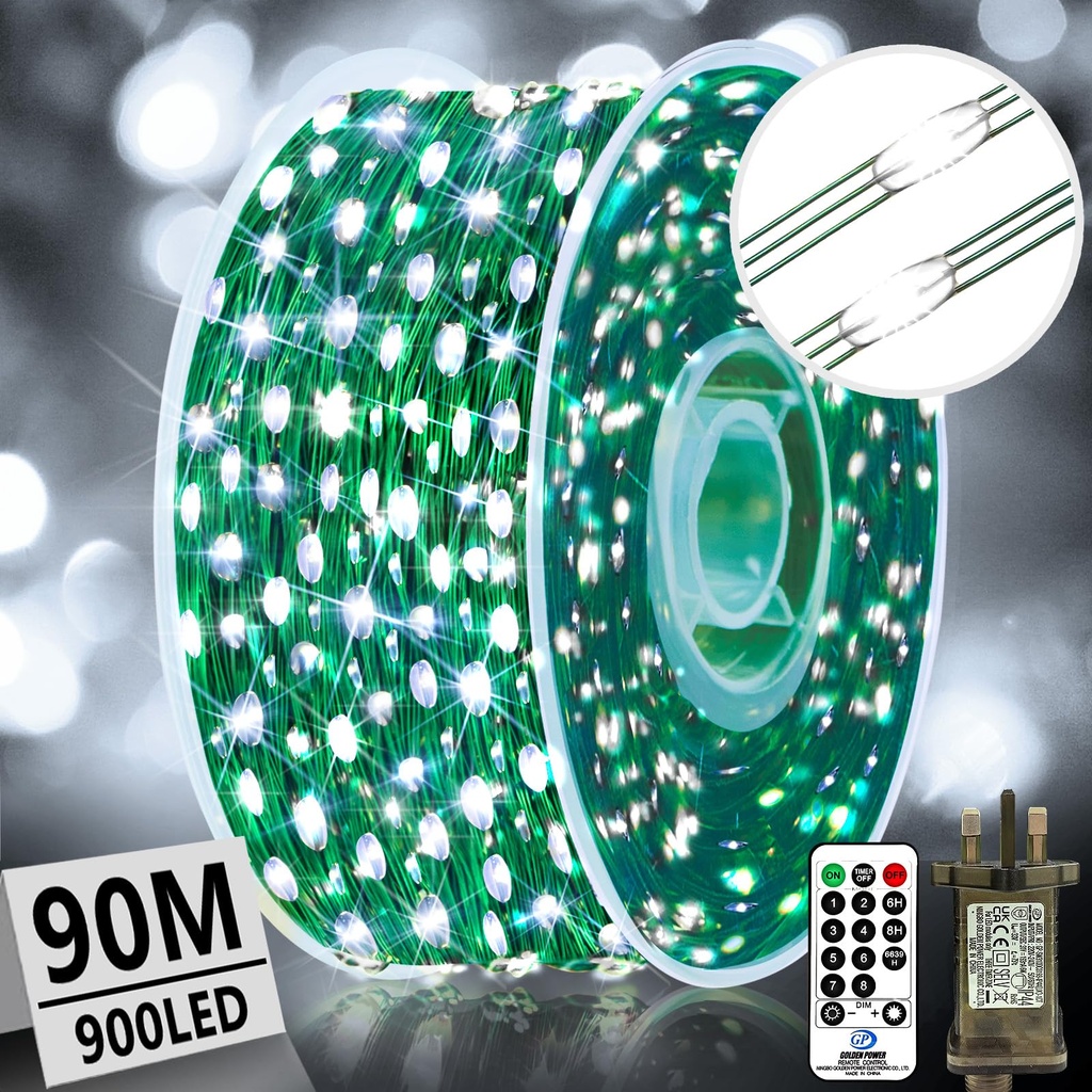 XURISEN 90M 900LED Outdoor Fairy Lights Plug in Christmas Tree Lights Green Copper Wire Str