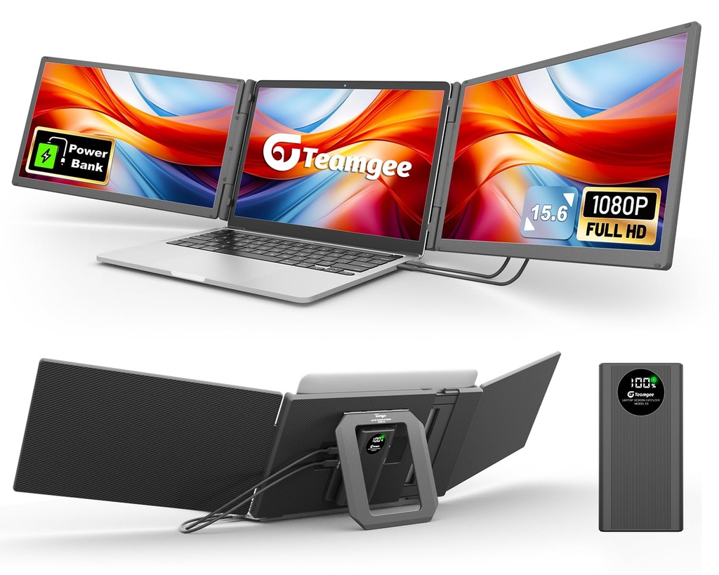 Teamgee 15.6" Laptop Screen Extender with Power Bank, Plug & Play Portable Monitor 