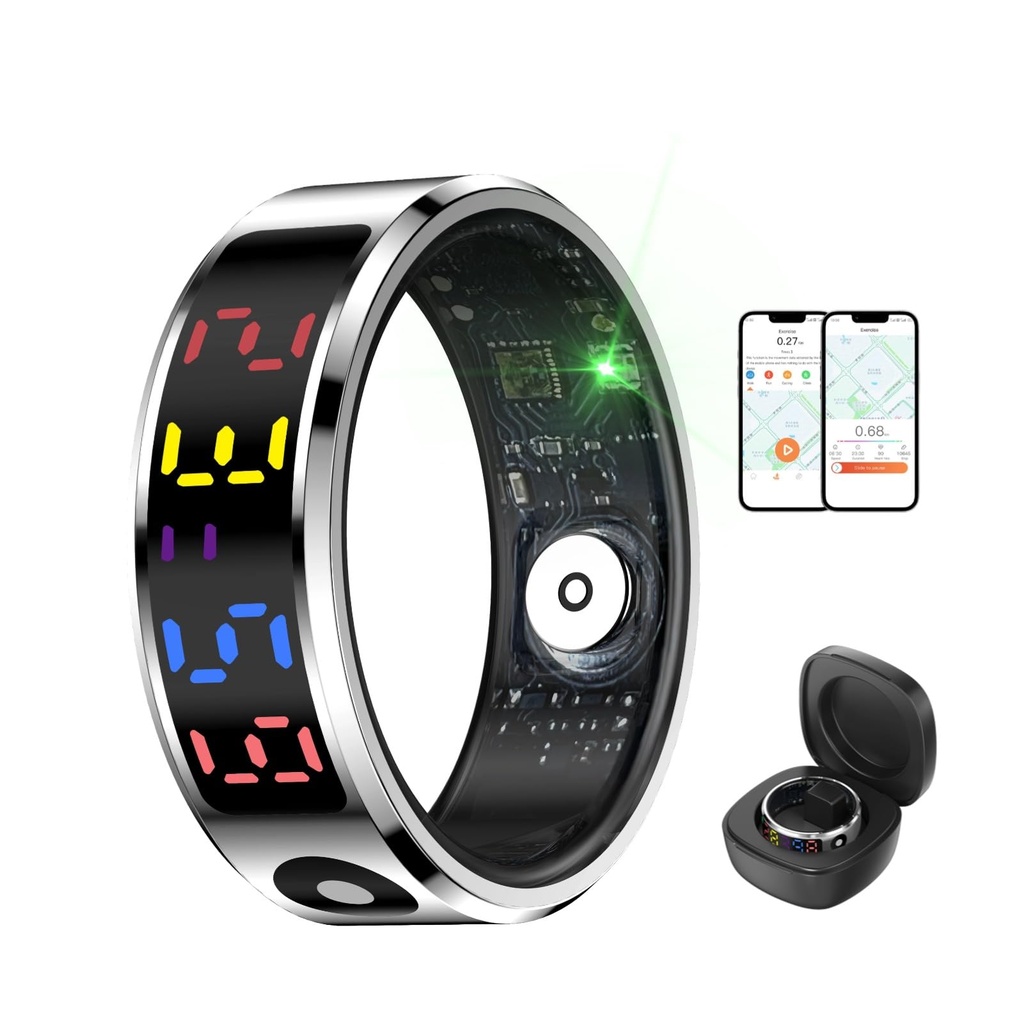 Smart Ring Health Tracker, Touch Control Fitness Ring with Color Display Screen, IP68 Stain