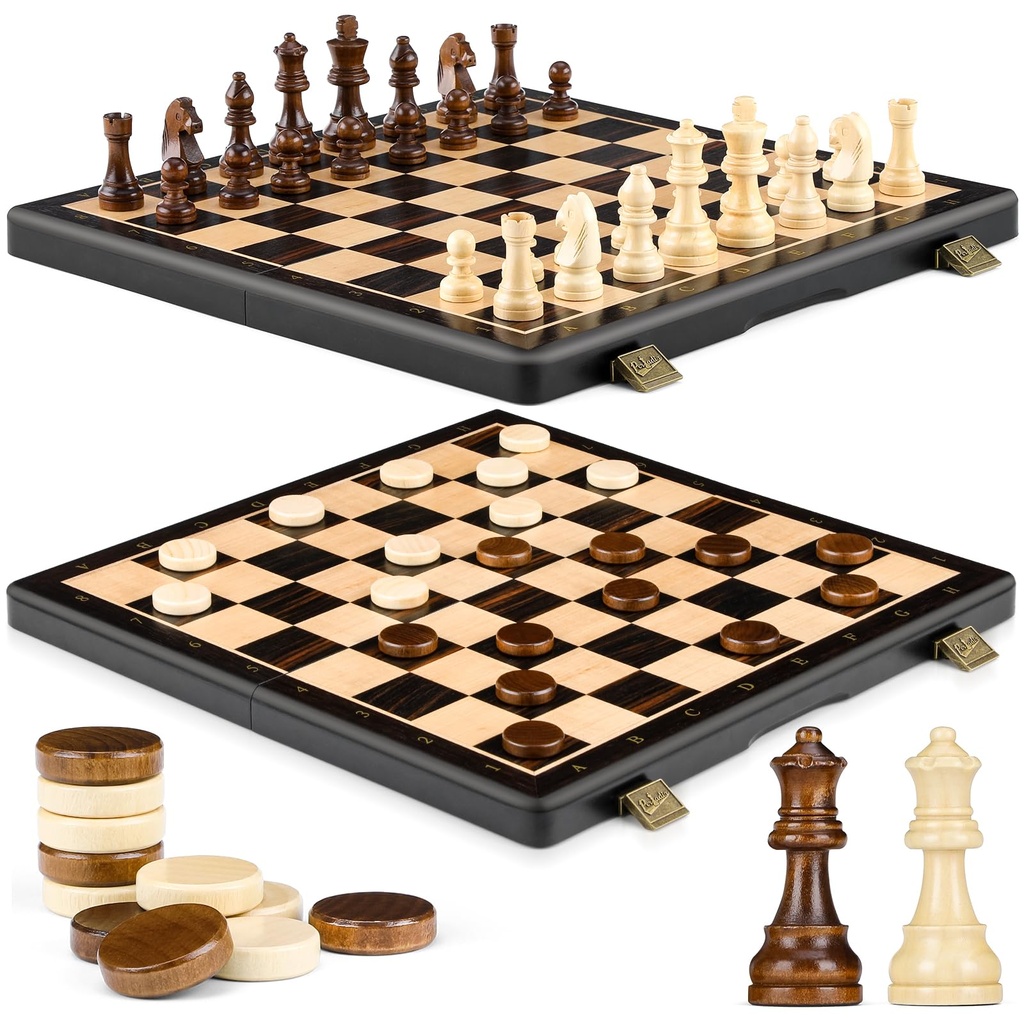 Peradix Chess Set and Draughts Board Games 2 in 1 Set | 15" Magnetic Foldable Wooden Chess