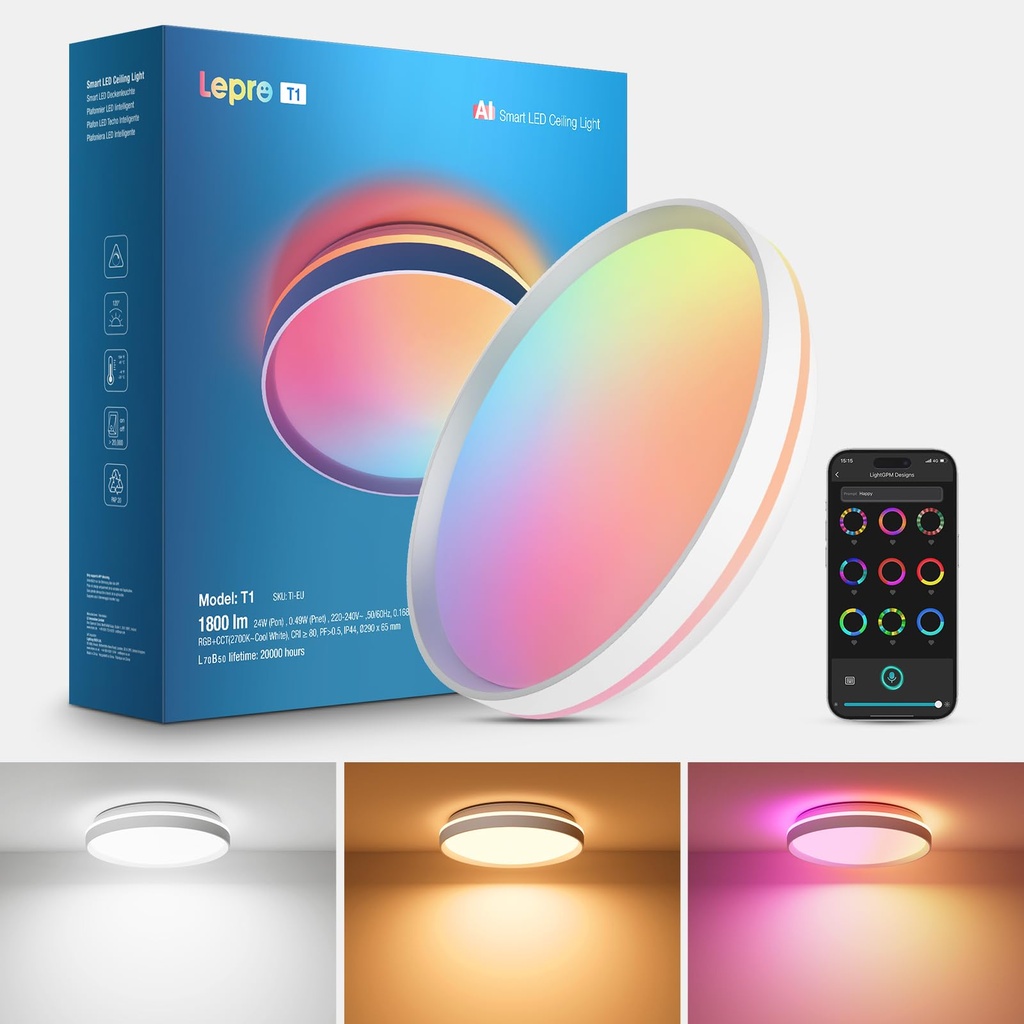 Lepro AI LED Ceiling Light, Smart 24W 1800LM Bathroom Light, IP44 Waterproof, Colour Changing