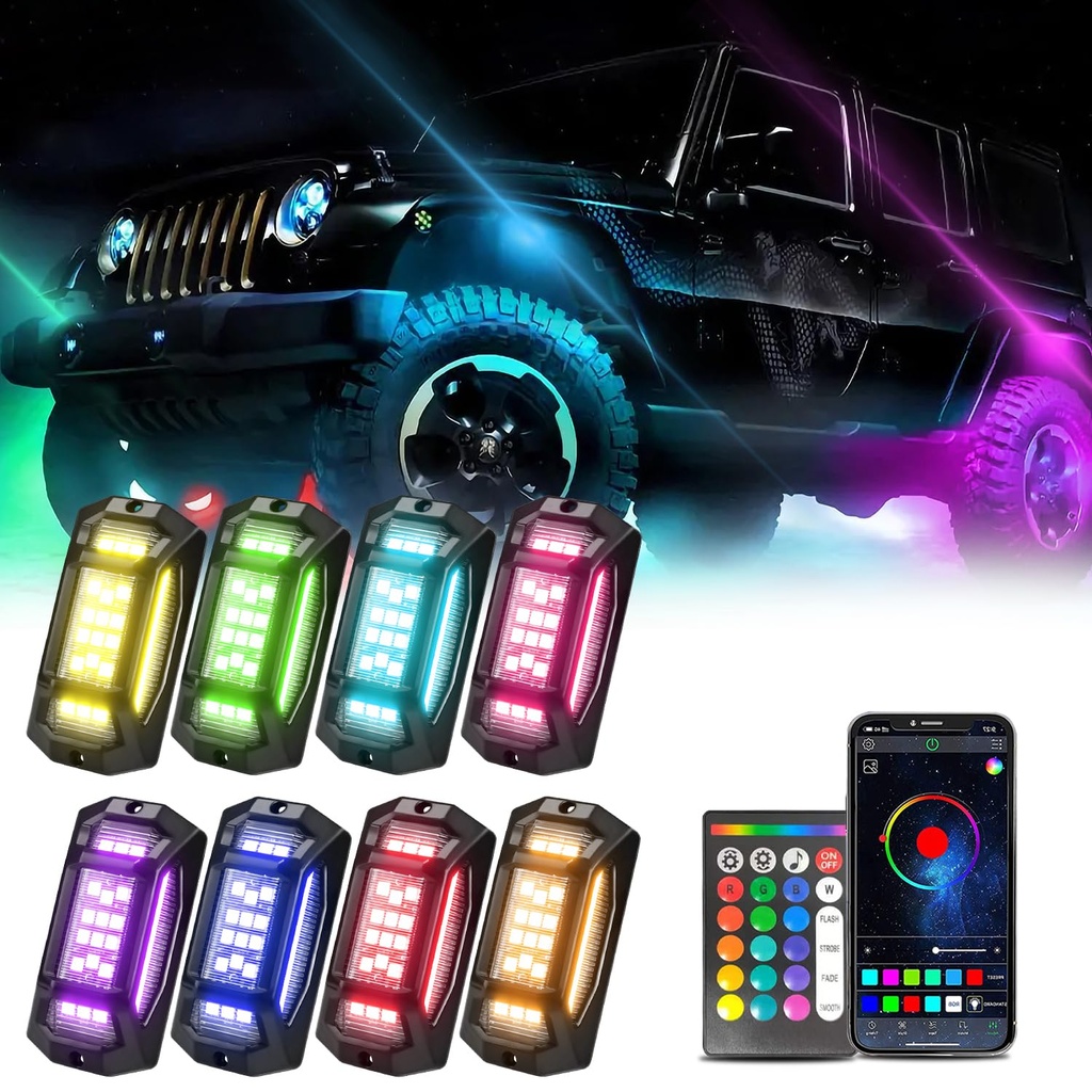 GSRECY Underglow Light Kit for Car, 8 Pods RGB LED Rock Lights 