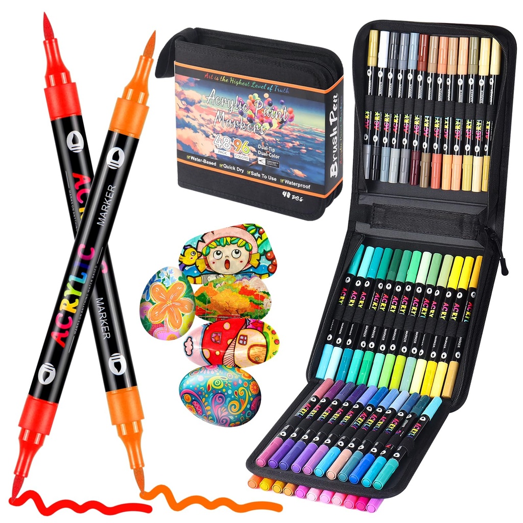 Sanyetral 96 Colors Acrylic Paint Markers, 48 Pcs Dual Brush Tip Dual Colors Acrylic Paint