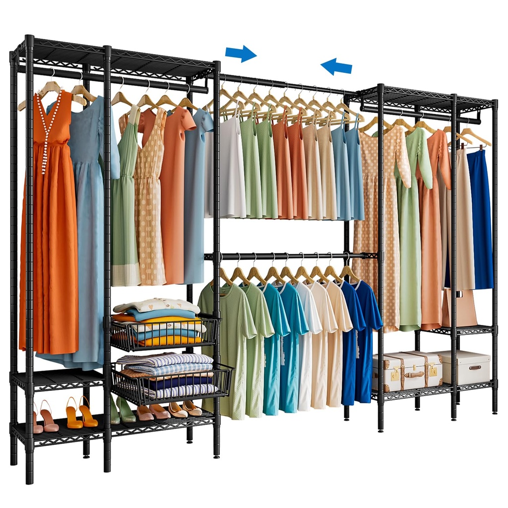 KZOBYD Extendable Clothes Rails, Coat Rails Coat Stand with Pull-out Baskets, Heavy Duty 