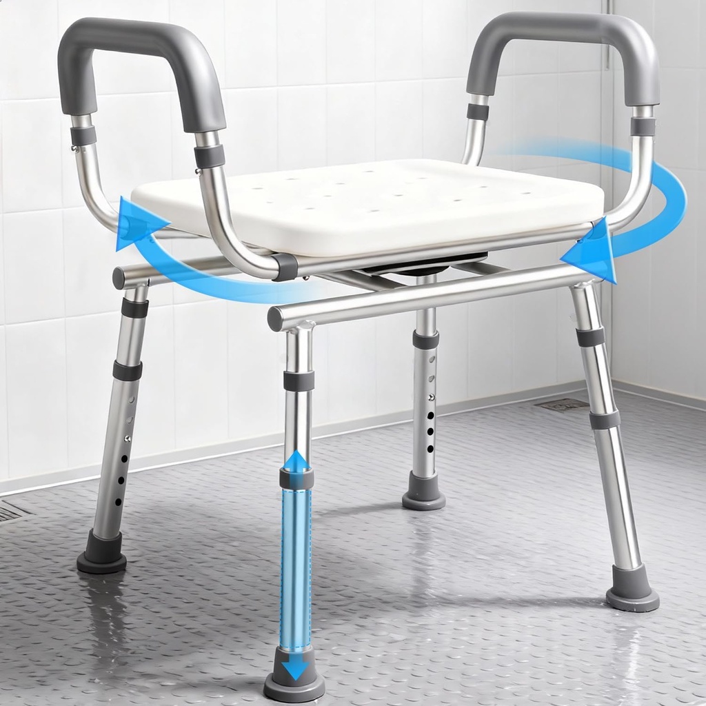 Agrish 360 Swivel Shower Chair with Removable Arms, Height Adjustable Bath Seat for Elderly