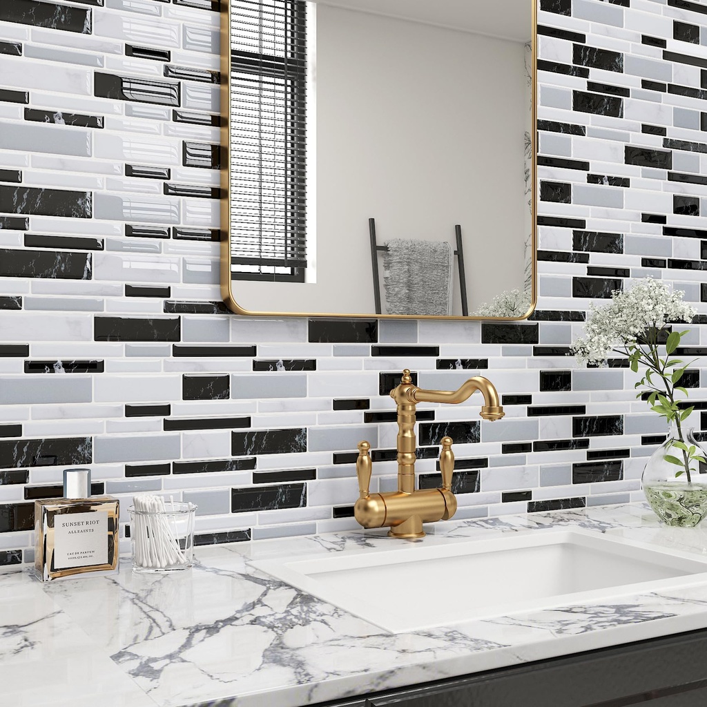 ReWallpaper 34 Sheets Black Stick on Tiles 3D Marble Peel and Stick Wall Tiles Bathroom 30.