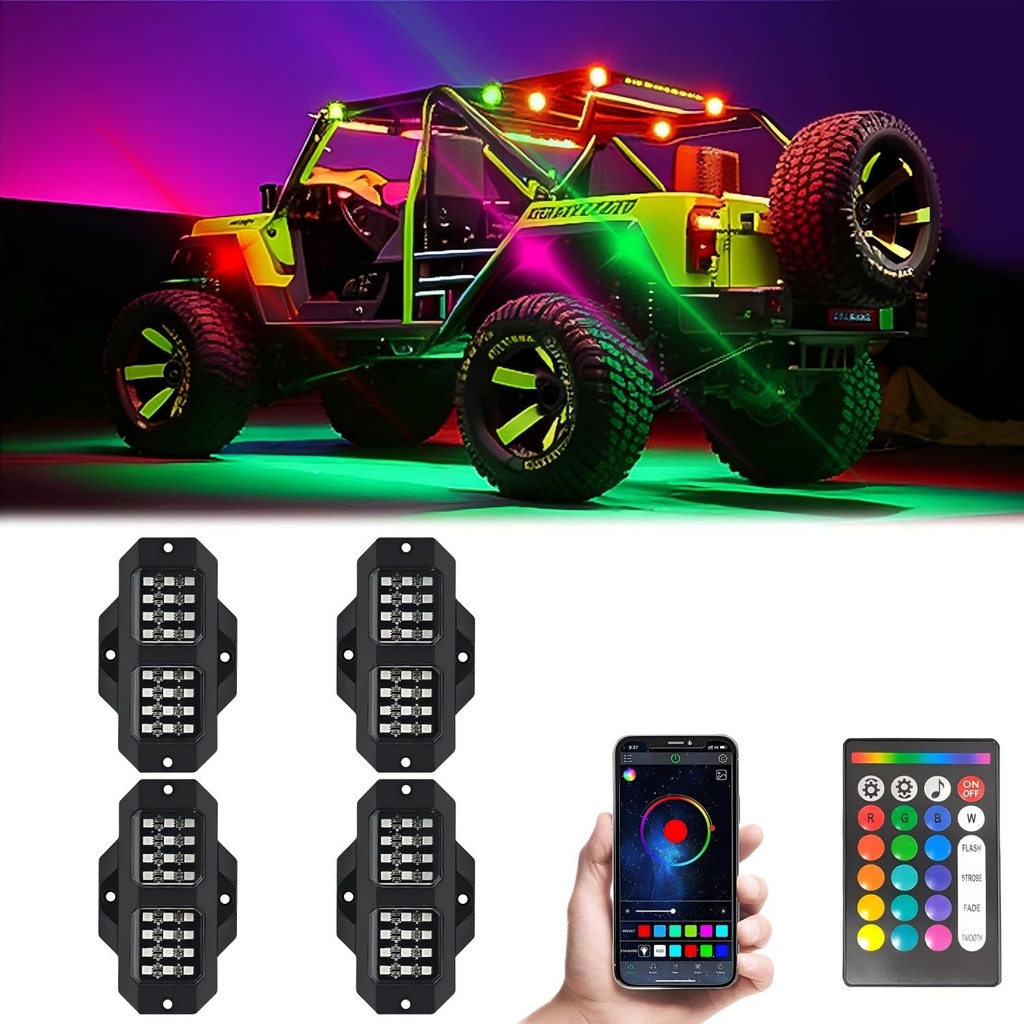 GSRECY LED Underglow Car Lights Kit, 4 Pods RGB Rock Lights, Waterproof Multicolor Exterior