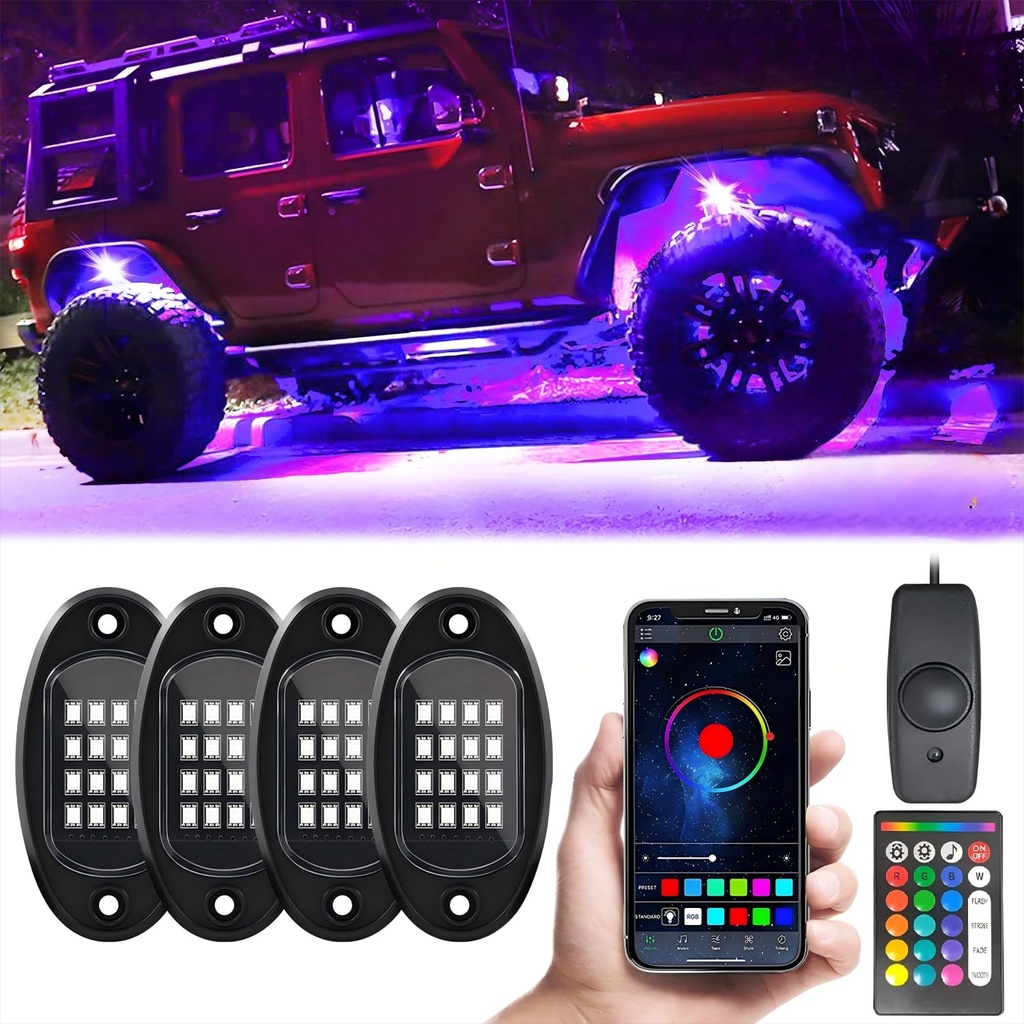 GSRECY Underglow LED Lights For Motorbike, 4 Pods RGB Rock Lights with App/Remote Control