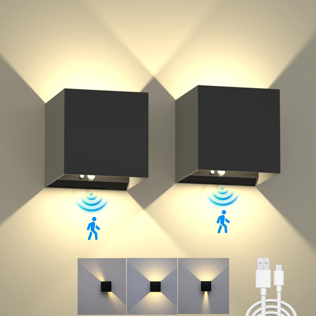 KwatTsz 2Pcs Motion Sensor Wall Lights, LED Up Down Wall Lamp, Modern Indoor Outdoor Dimmabl