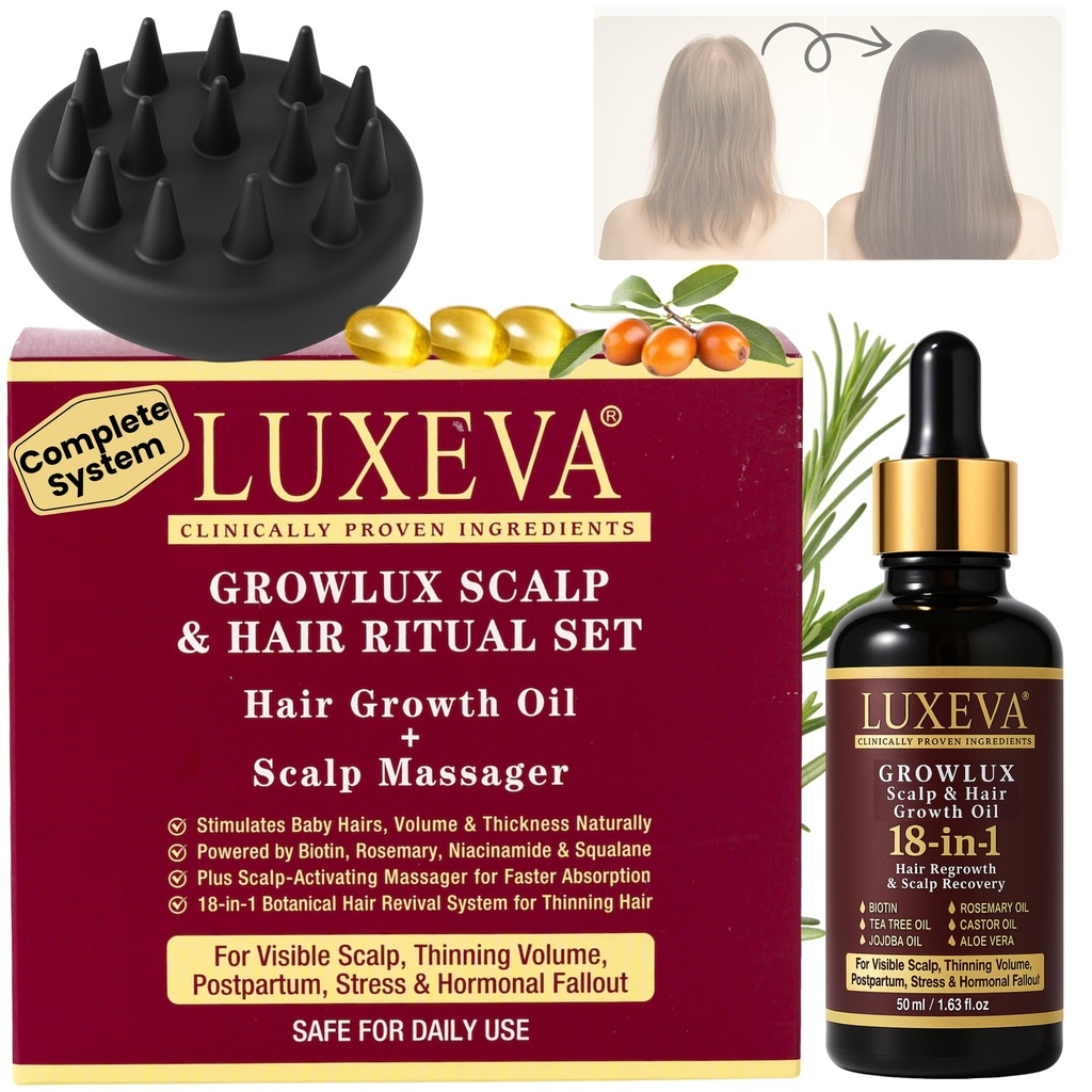 LUXEVA GROWLUX Natural Hair Growth Oil + Scalp Massager Set | Lightweight Daily Ritual for