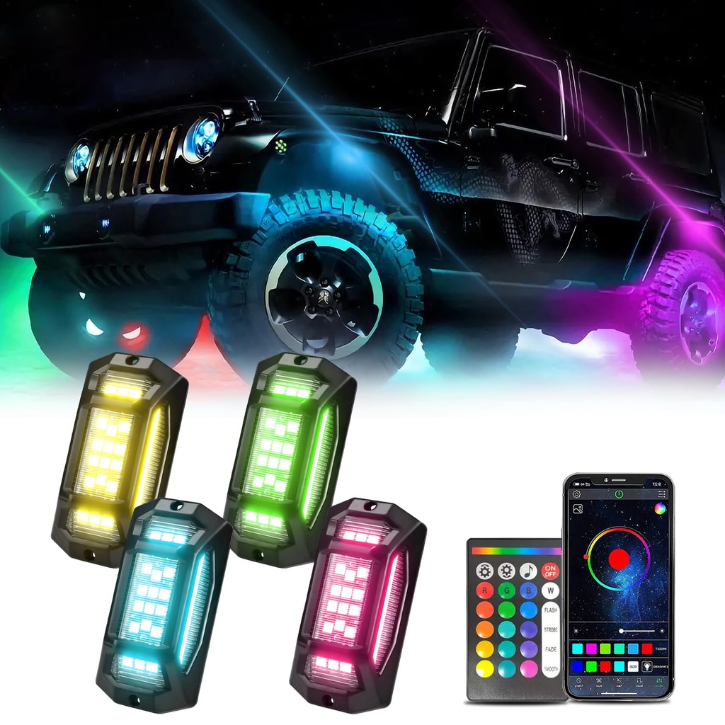 GSRECY Underglow Light Kit for Car, 4 Pods RGB LED Rock Lights