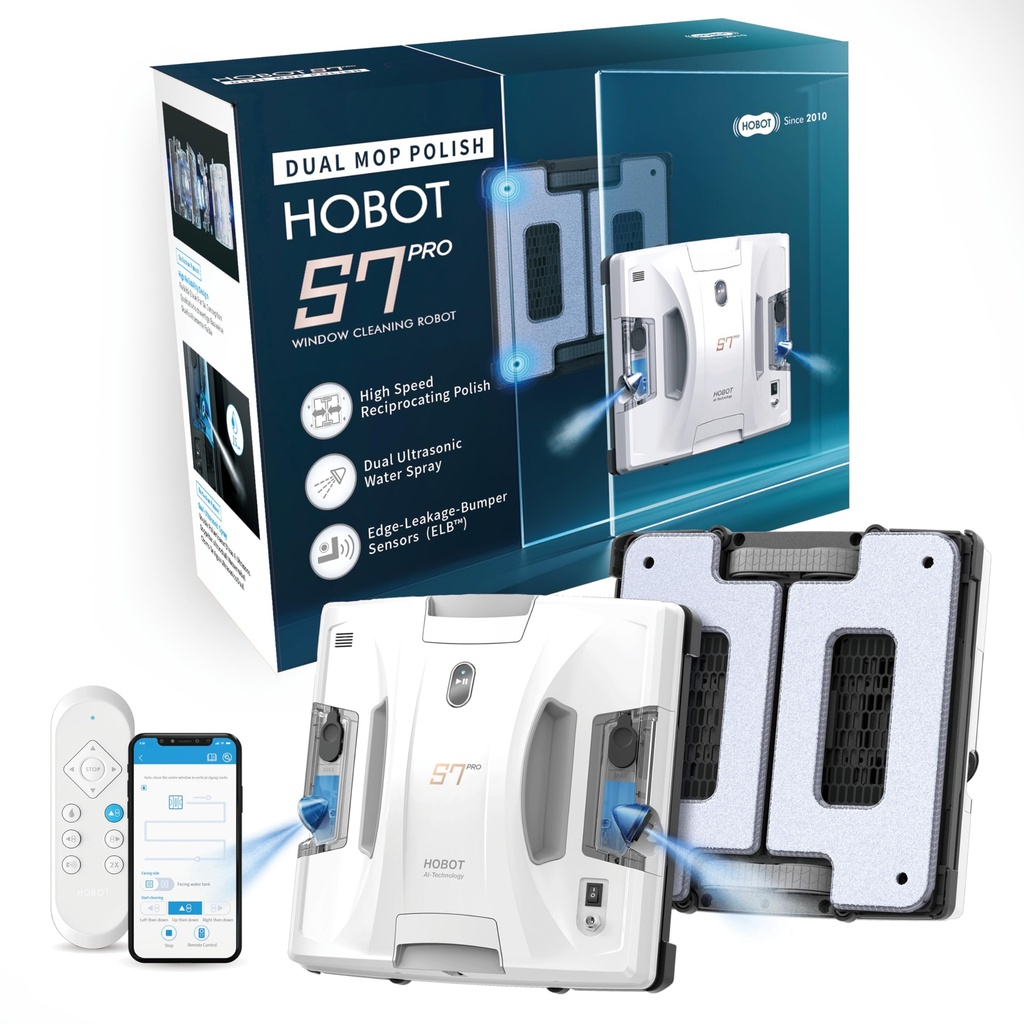 Hobot S7 Pro Dual Mop Polish Window Cleaning Robot, 15nm Dual Ultrasonic Spray, 4800Pa Suction