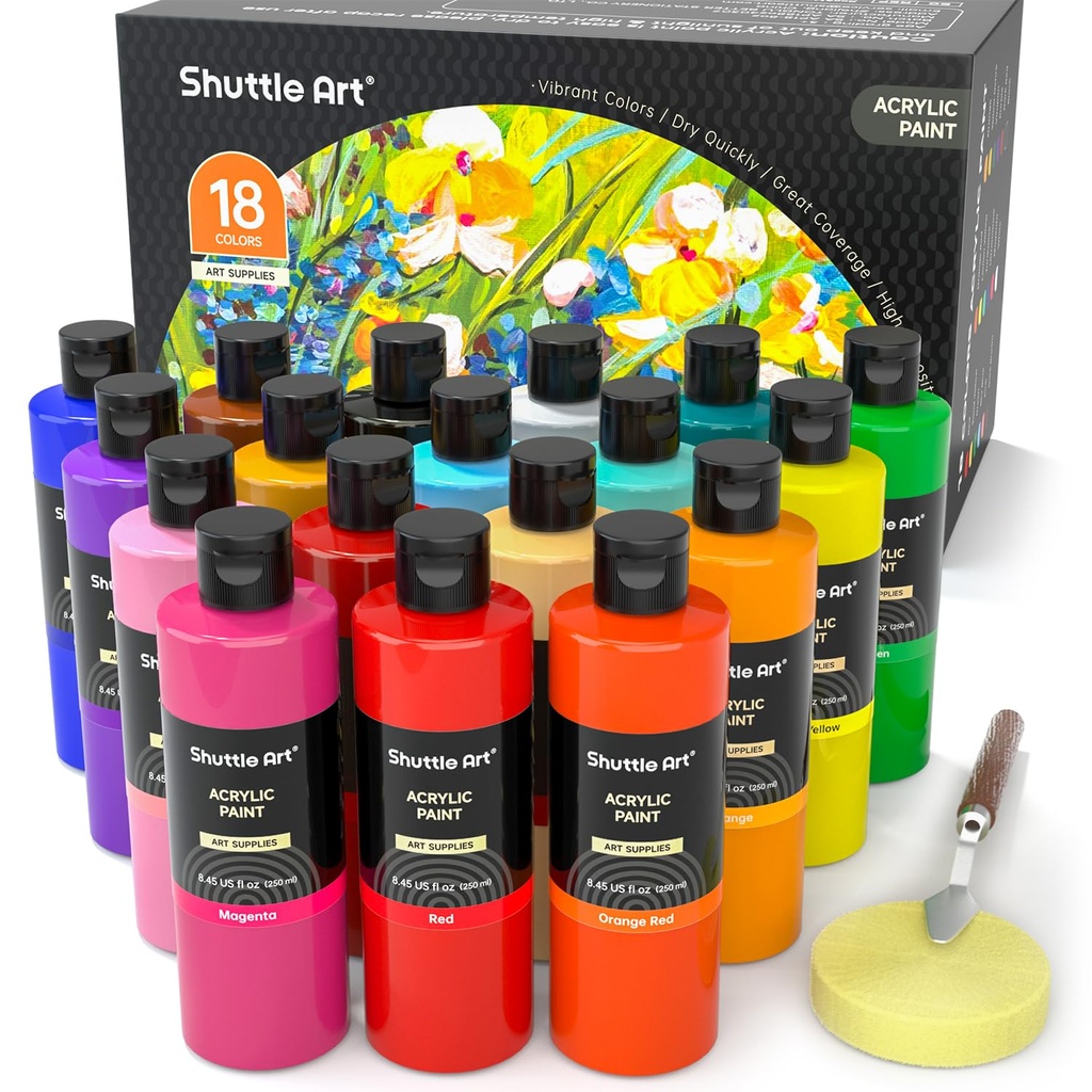 Shuttle Art Acrylic Paint, 18 Colours Acrylic Paint Bottle Set (250ml/8.45oz), Rich Pigmented