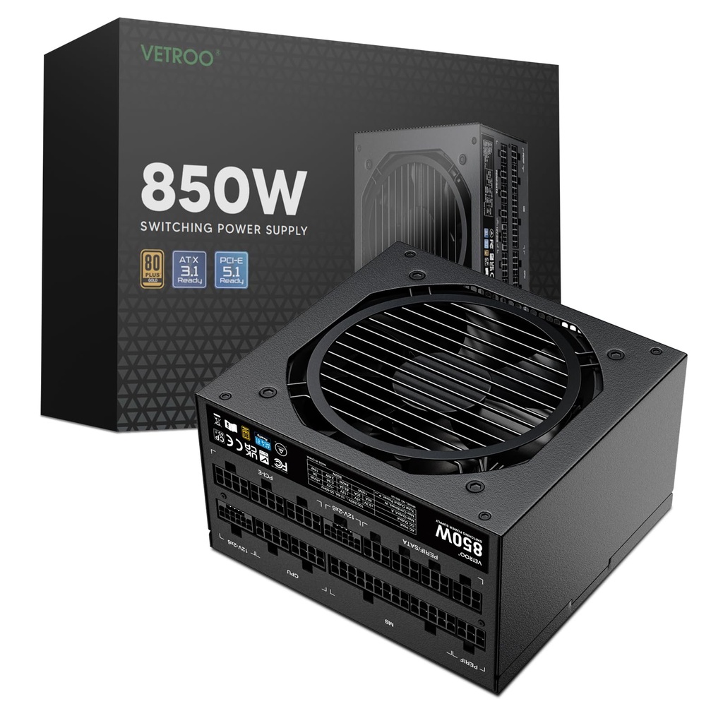 Vetroo 850W Power Supply Dual PCIe 5.1 ATX 3.1 Ready, 80 Plus Gold Full Modular, Quiet