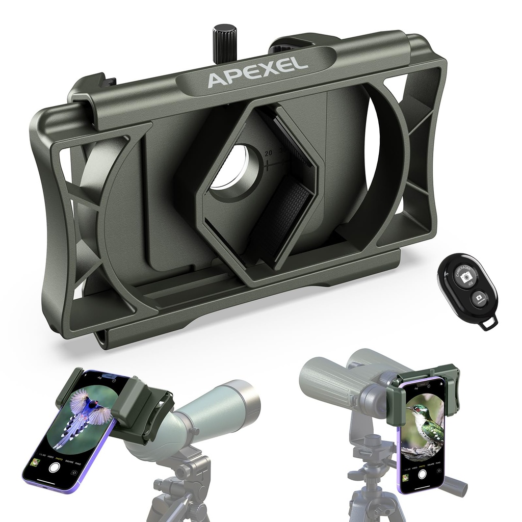 APEXEL Upgrade Universal Spotting Scope Adapter with Remote Shutter Release, 360° Rotation