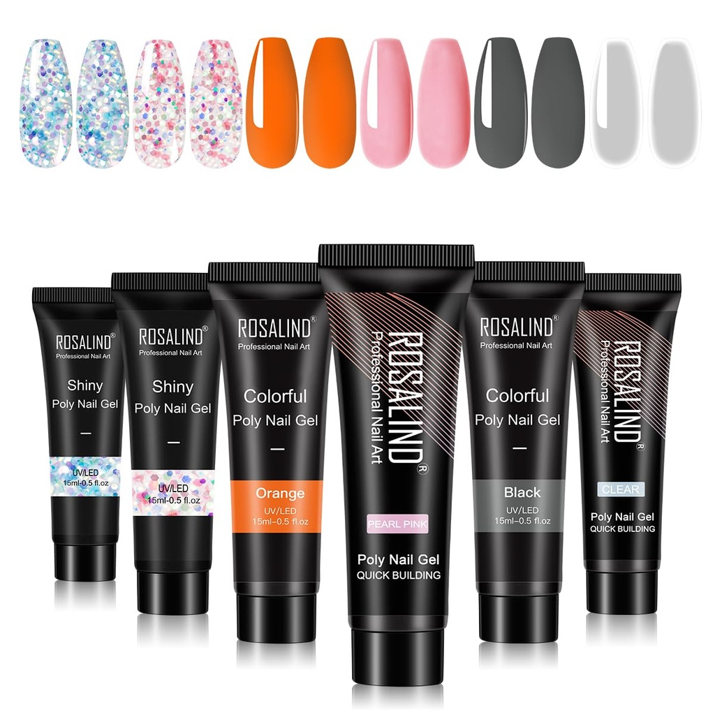 ROSALIND Orange Poly Nail Gel Kit 6 Colors 15ml Pink Clear Glitters Blue Orange and Black N