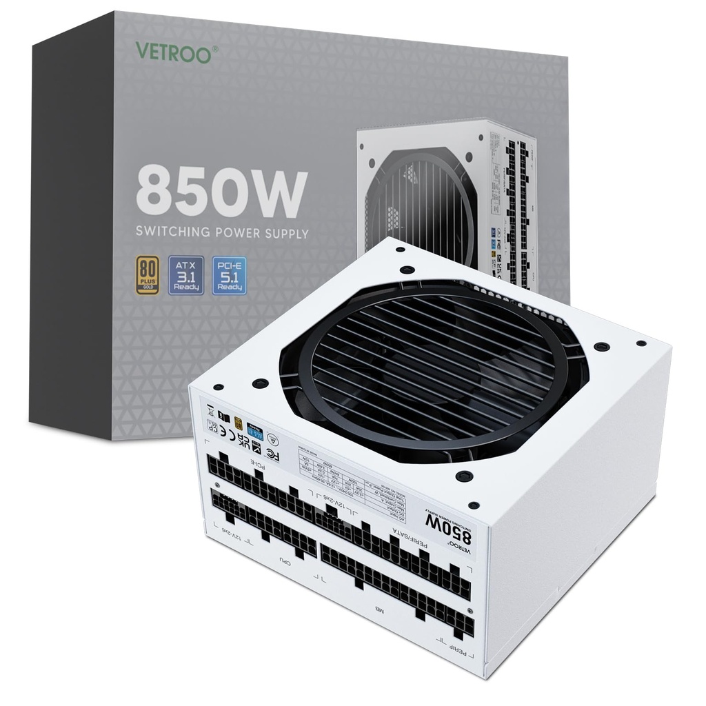 Vetroo 850W Power Supply Dual PCIe 5.1 ATX 3.1 Ready, 80 Plus Gold Full Modular, Quiet